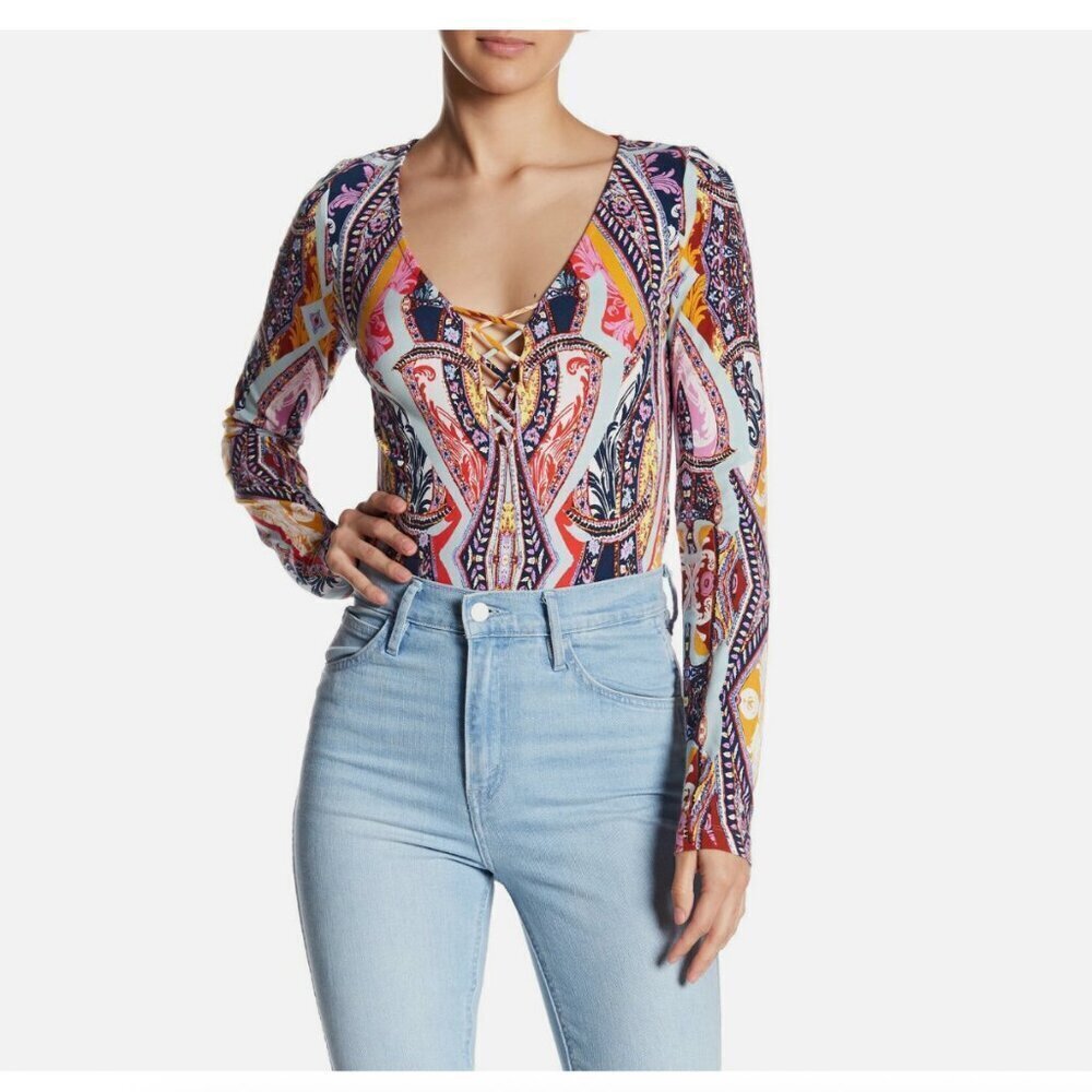 FREE PEOPLE Blue Red Pick a Place Lace-up Stretch Cotton Paisley Bodysuit Top
